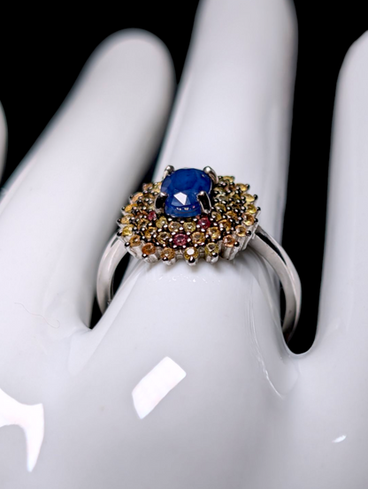 Vintage Inspired Oval Cut Earth Mined Genuine Royal Blue Sapphire Solitaire with Triple Fancy Sapphire Halo Sterling Silver Statement Ring