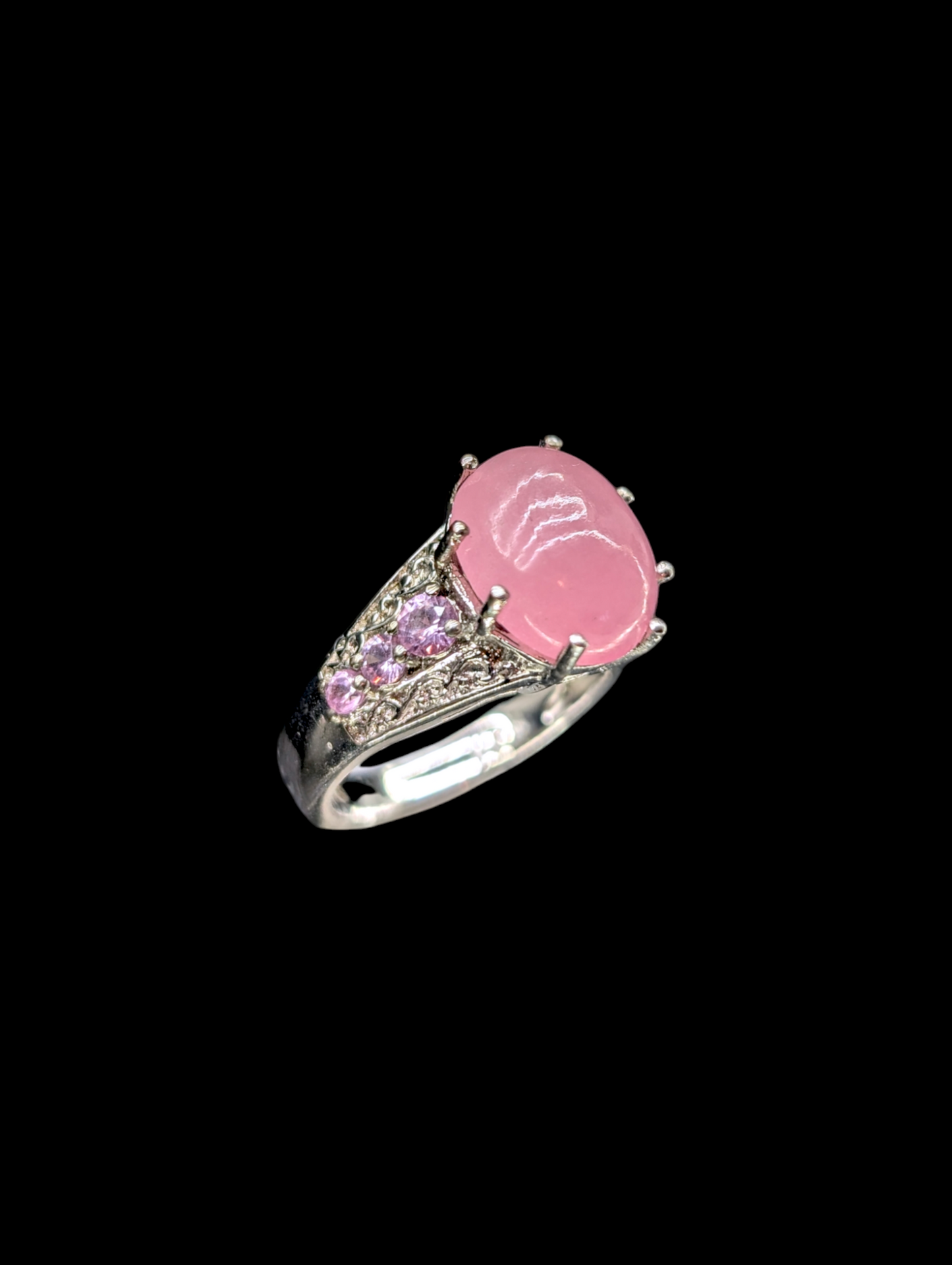 Vintage Karis Oval Cabochon Cut Genuine Pink Jade and Genuine Pink Sapphire Sterling Silver Ring