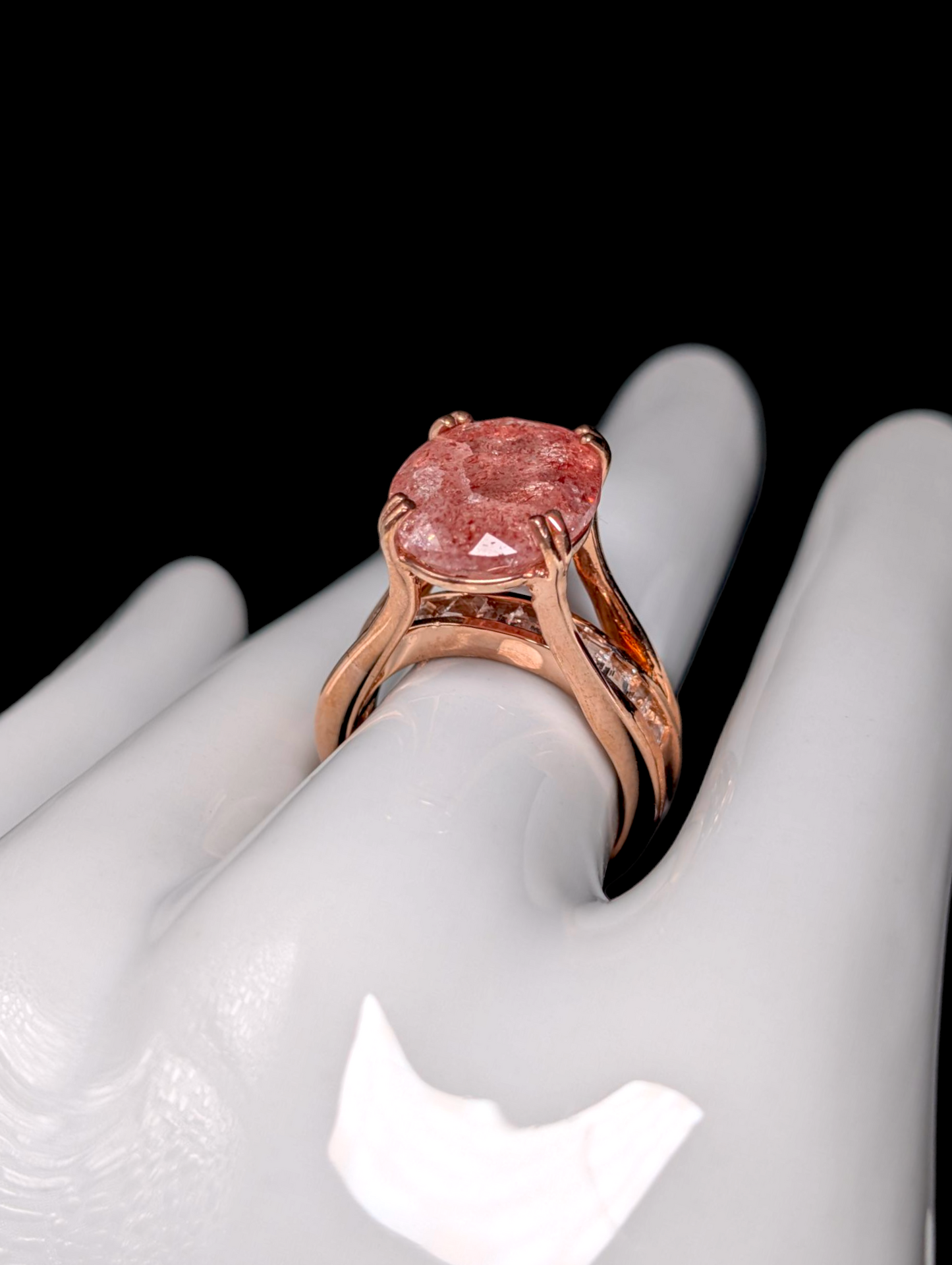 Vintage Floating Genuine Strawberry Quartz and White Topaz Hidden Band 18k Rose Gold Vermeil Ring
