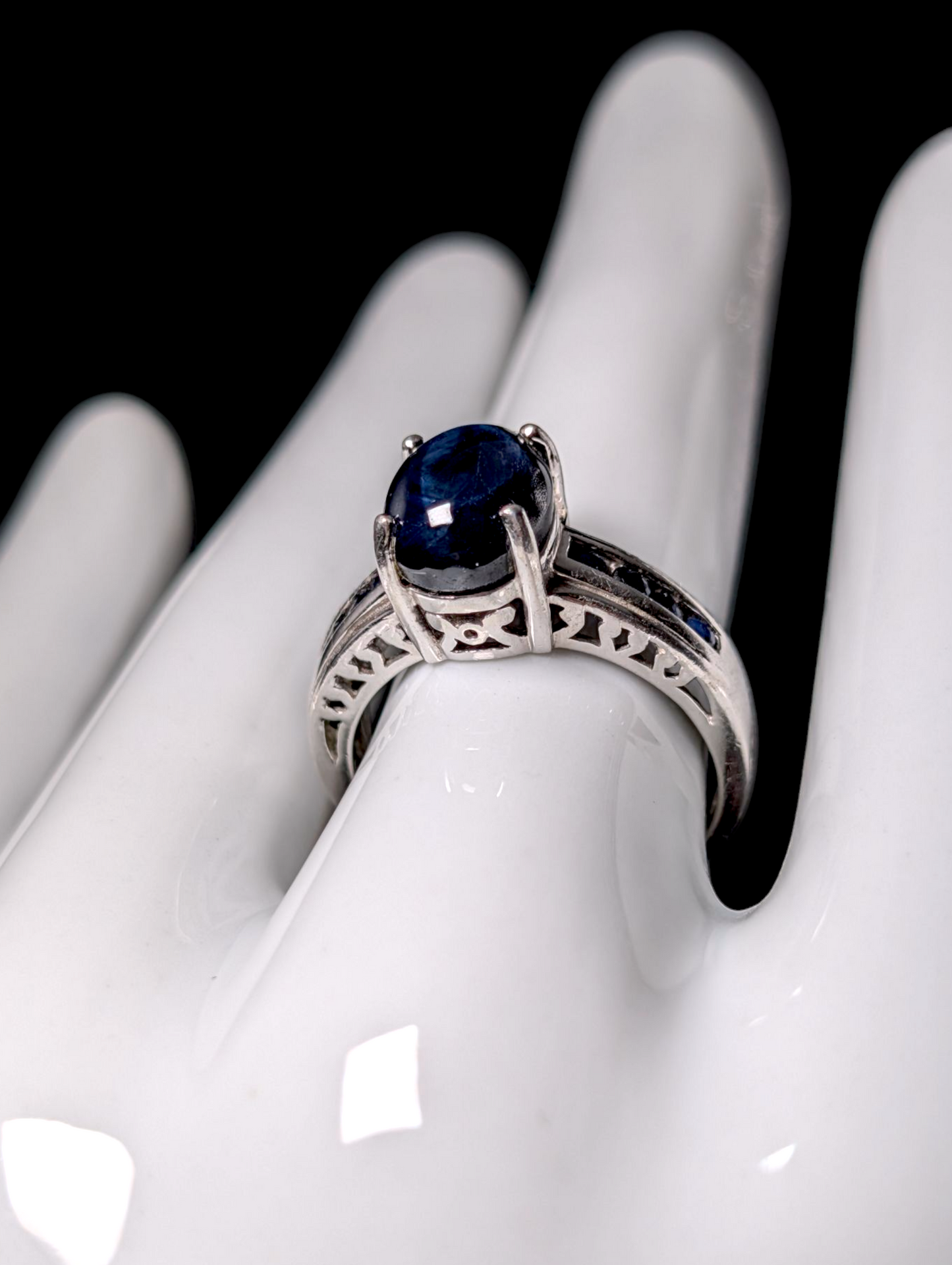 Vintage 4 Carat Cabochon Cut Earth Mined Genuine Star Sapphire Solitaire with Sapphire Accent Stones Sterling Silver Ring