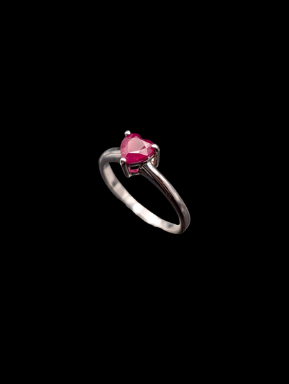 Vintage Genuine Earth Mined Red Ruby Heart Solitaire Minimalist Sterling Silver Ring