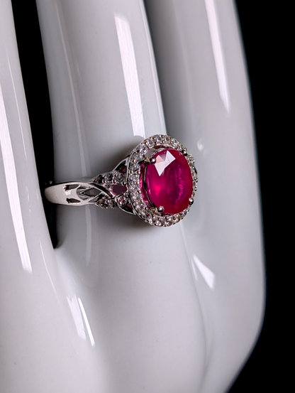 Vintage Oval Cut Genuine Ruby Solitaire with White Topaz Halo Sterling Silver Ring