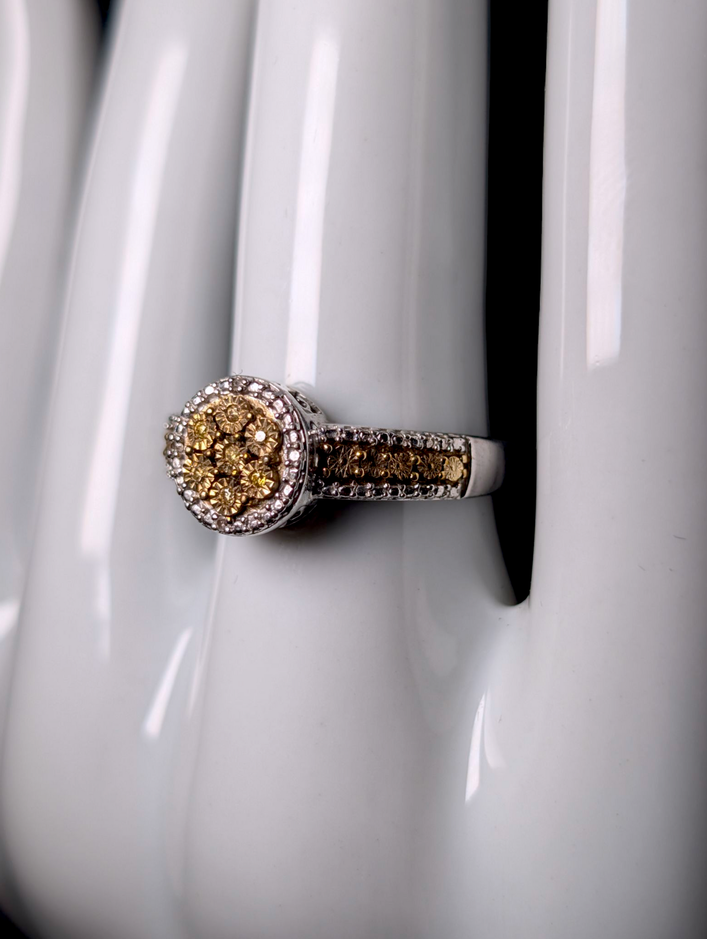 Vintage Sparkling Genuine Yellow and White Diamond Illusion Sterling Silver Engagement Ring