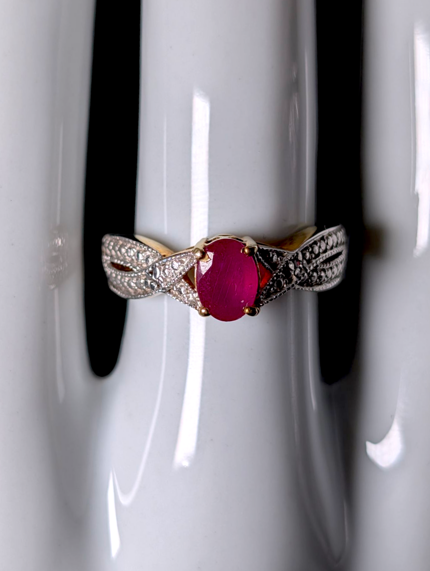 Vintage Oval Cut Earth Mined Genuine Ruby Solitaire Diamond Accent Cross Over 18k Yellow Gold Vermeil Ring