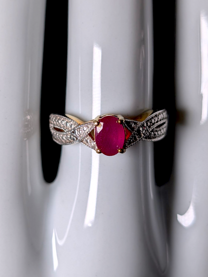 Vintage Oval Cut Earth Mined Genuine Ruby Solitaire Diamond Accent Cross Over 18k Yellow Gold Vermeil Ring