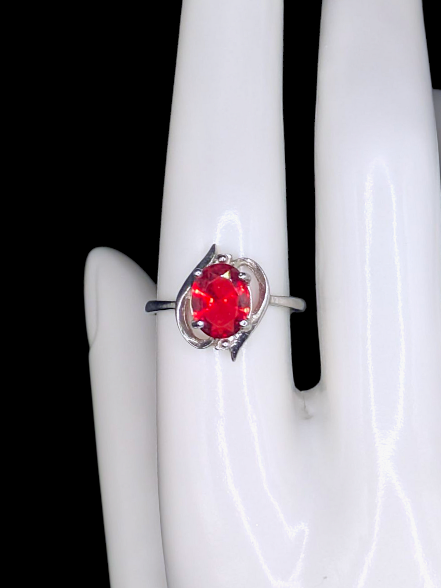 Vintage Inspired Oval Cut Simulated Ruby Solitaire Silver Toned Crossover Ring