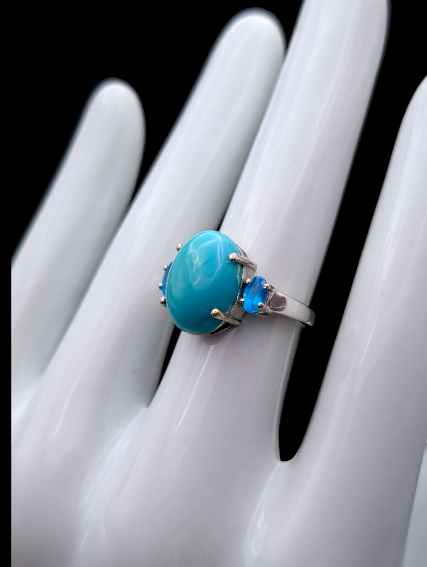 Vintage Solitaire Cabochon Genuine Sleeping Beauty Turquoise and Simulated Topaz Sterling Silver Ring