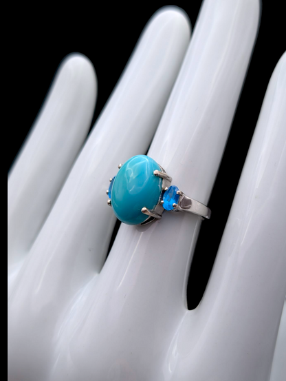 Vintage Solitaire Cabochon Genuine Sleeping Beauty Turquoise and Simulated Topaz Sterling Silver Ring