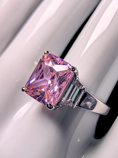 Vintage Inspired Rectangular Princess Cut Simulated Pink Sapphire Solitaire with Simulated Diamond Accents Silver Toned Ring