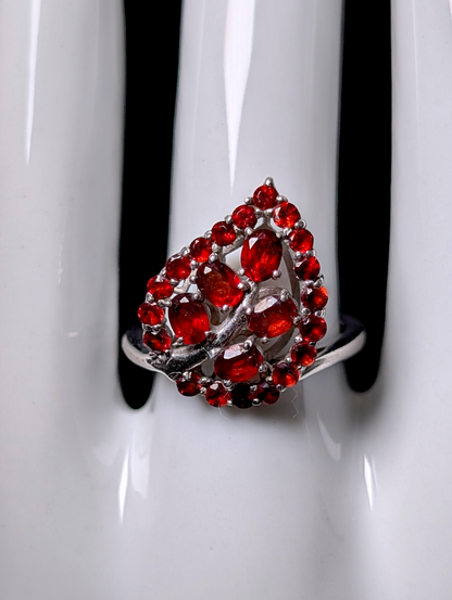Vintage Cluster Leaf Design Genuine Red Garnet Sterling Silver Ring