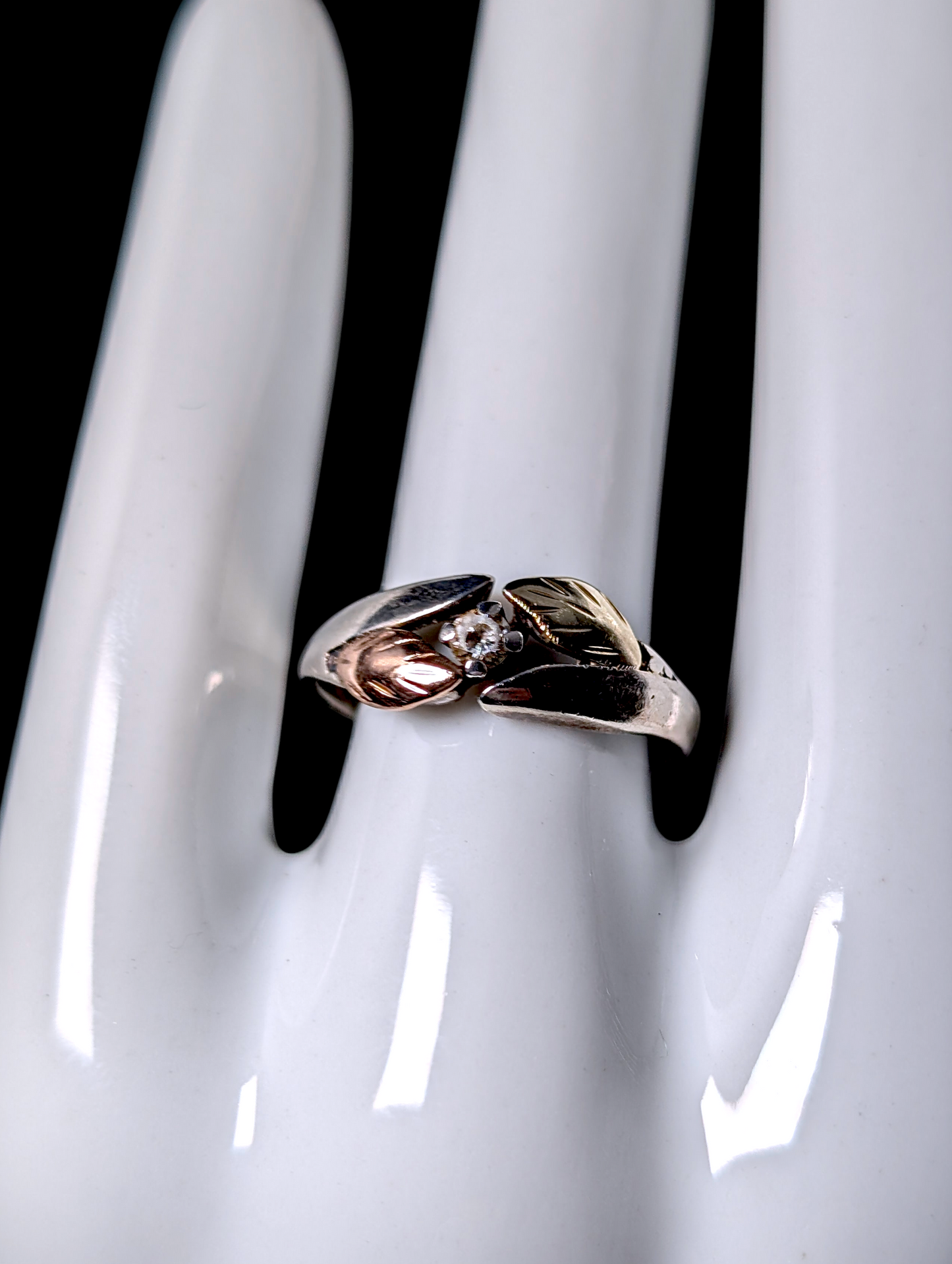 Vintage Black Hills Gold Round Cut Simulated Diamond 12K Gold and Rose Gold Leaf Sterling Silver Ring