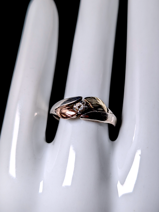 Vintage Black Hills Gold Round Cut Simulated Diamond 12K Gold and Rose Gold Leaf Sterling Silver Ring