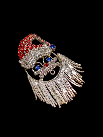 1960s Vintage Santa Face Rhinestone Brooch Pin with Flexible Beard and Hat