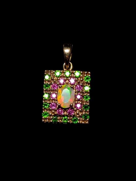 Vintage Genuine Ethiopian Opal Solitaire, Emerald, and Pink Tourmaline Double Halo 14k Gold over Sterling Silver Square Shaped Pendant