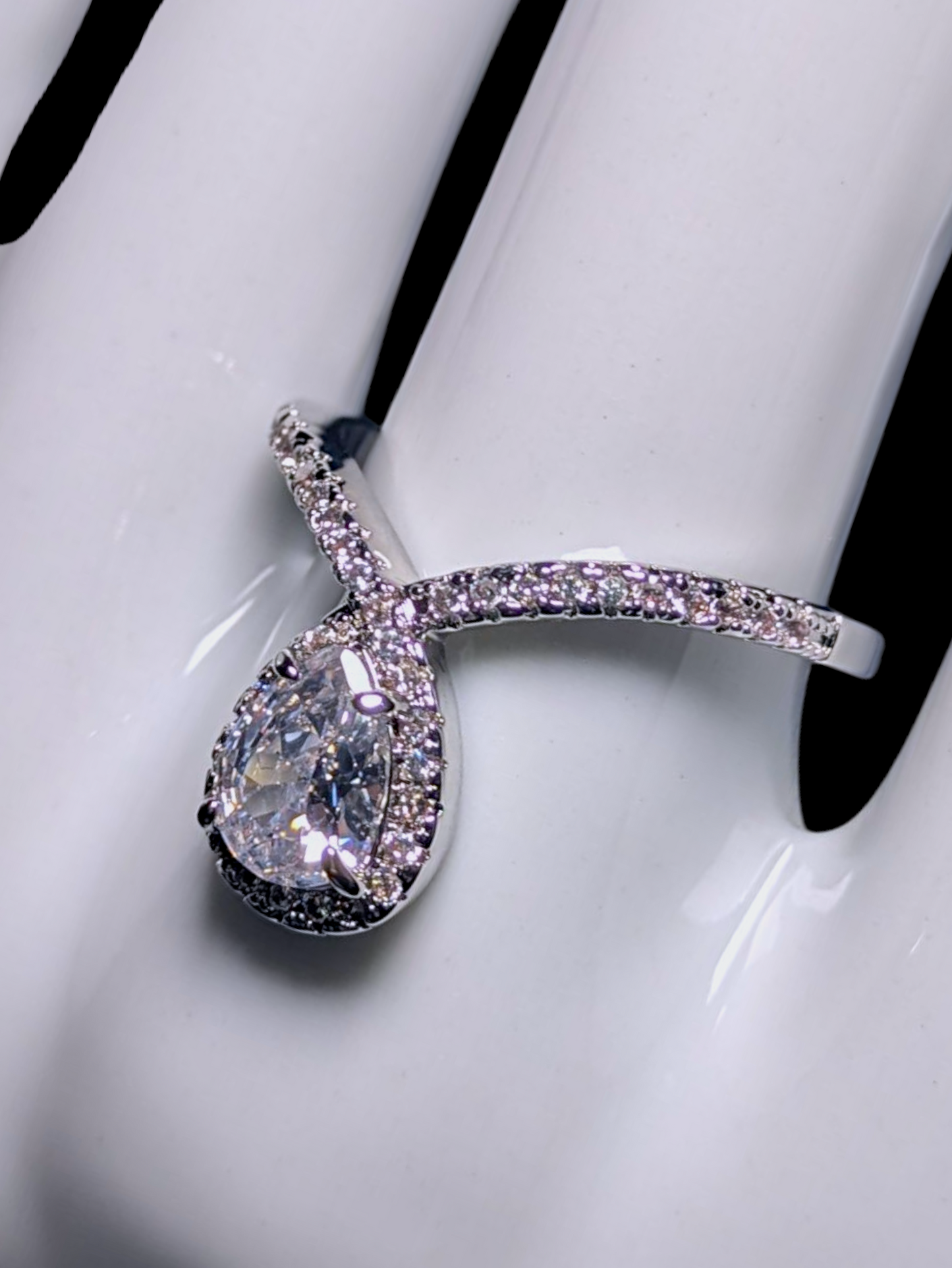 Vintage Inspired Pear Drop Cut Simulated Diamond Solitaire with Simulated Diamond Halo Silver Toned Ring