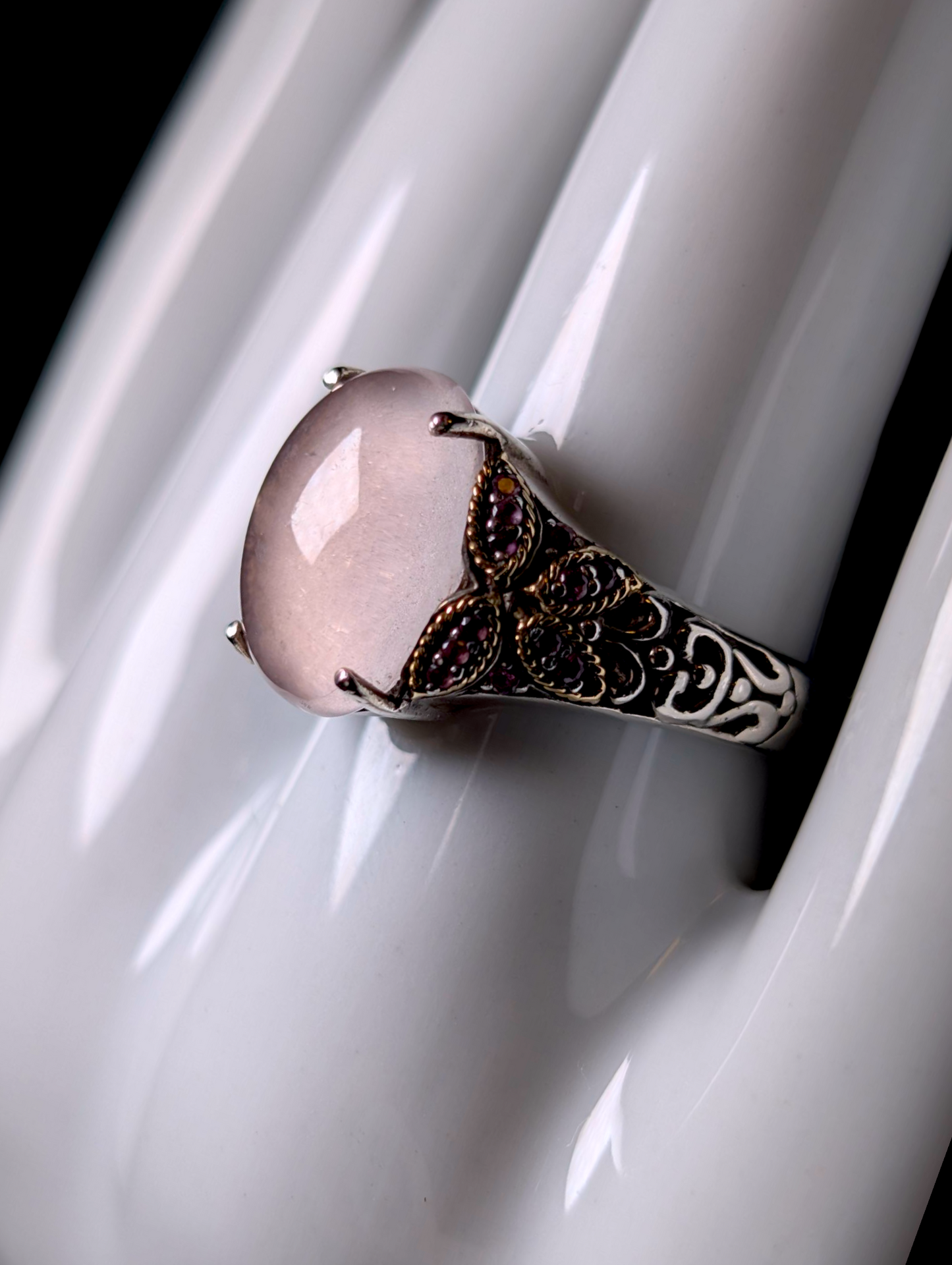 Vintage Designer Effy Y2K Cabochon Cut Genuine Rose Quartz Solitaire and Pink Sapphire 14k Yellow Gold Butterfly and Sterling Silver Ring
