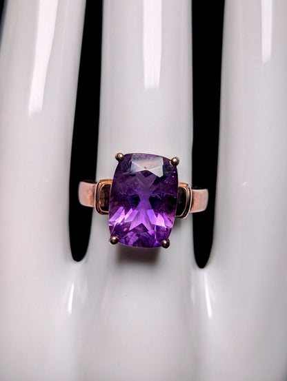 Vintage 8 Carat Radiant Cut Genuine Purple Amethyst Rose Gold over Sterling Ring