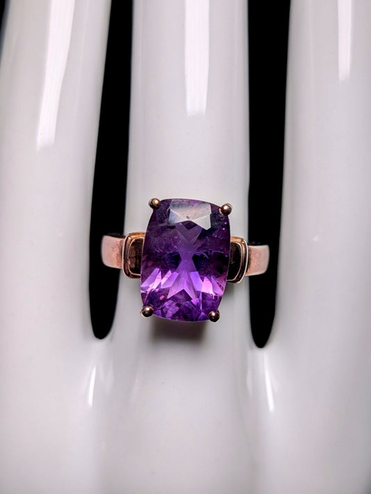 Vintage 8 Carat Radiant Cut Genuine Purple Amethyst Rose Gold over Sterling Ring