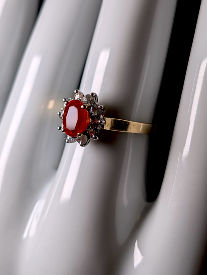 Vintage 14K Gold Genuine Cherry Fire Opal Solitaire and White Topaz Halo Ring