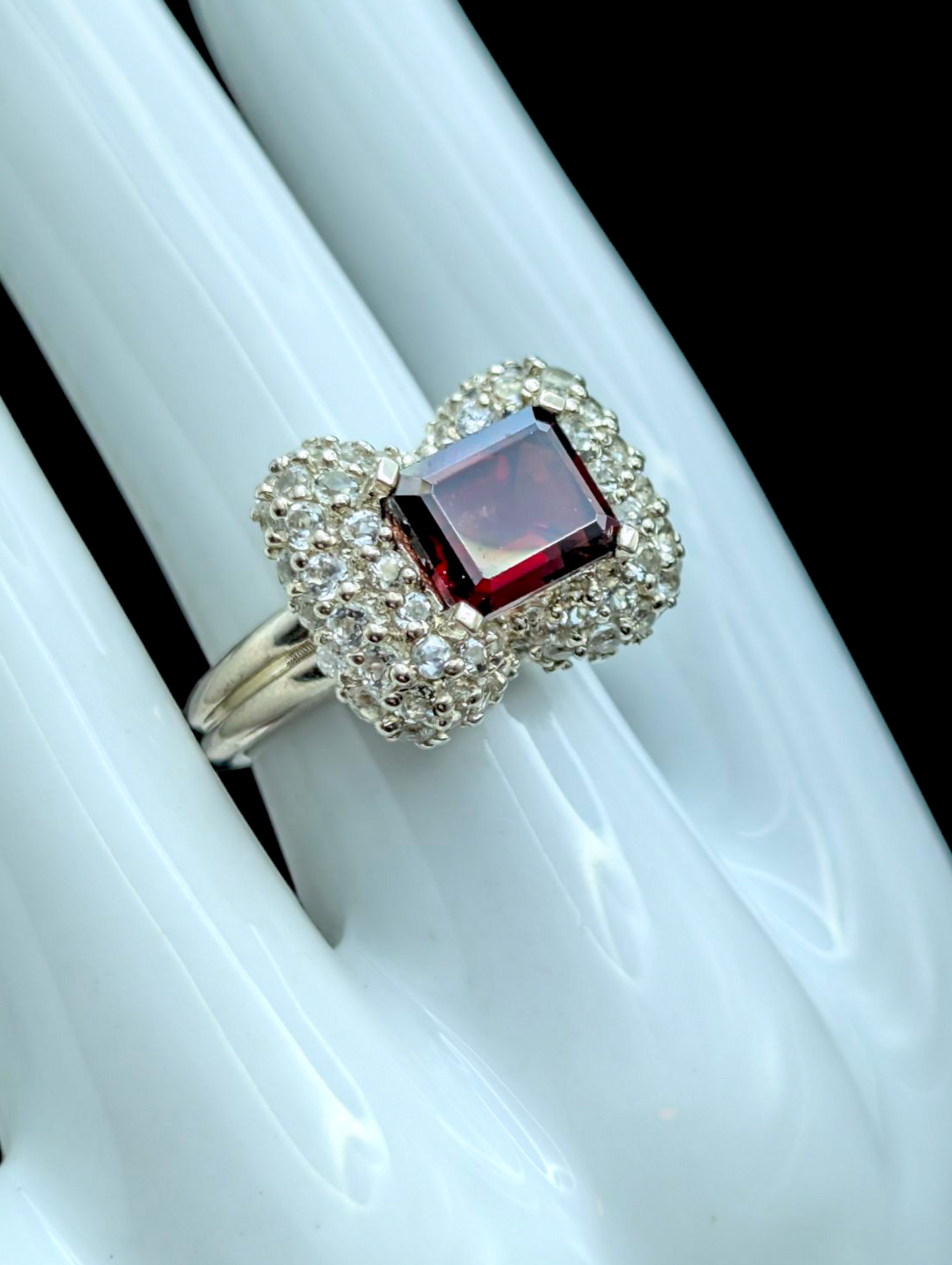 Vintage Bow Genuine Garnet Emerald East West Cut and White Topaz Cluster Sterling Silver Statement Cocktail Ring