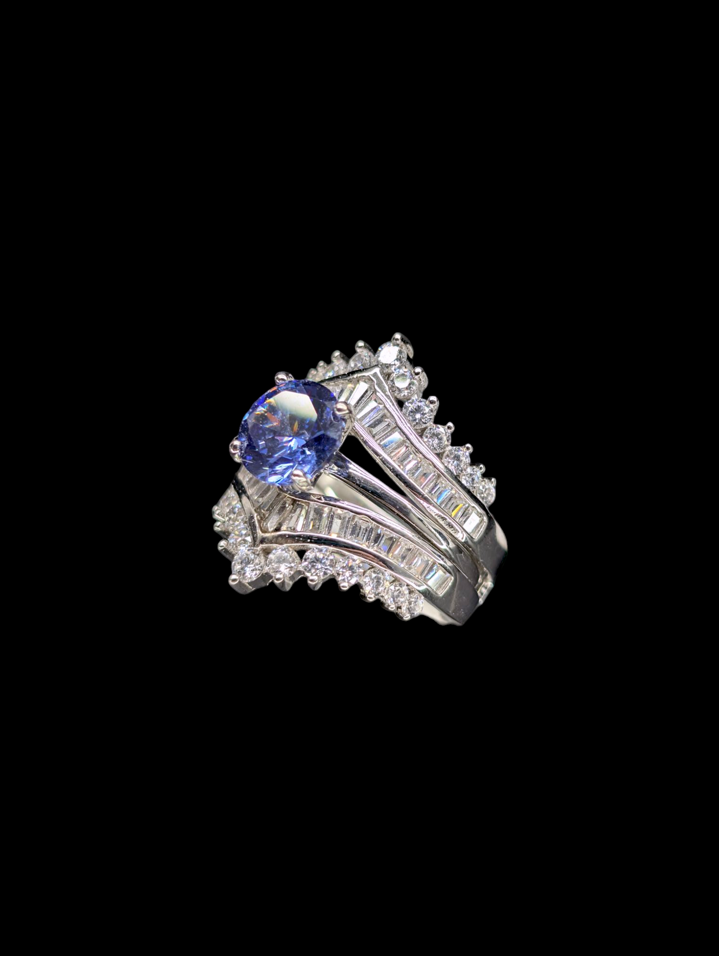 Vintage Inspired Simulated Tanzanite and Diamond 3 Piece Sterling Silver Ring Set