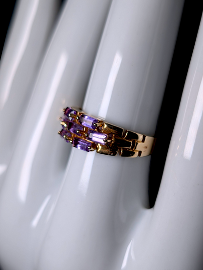 Vintage Baguette Cut Genuine Purple Tourmaline Cluster Row 10k Solid Yellow Gold Ring