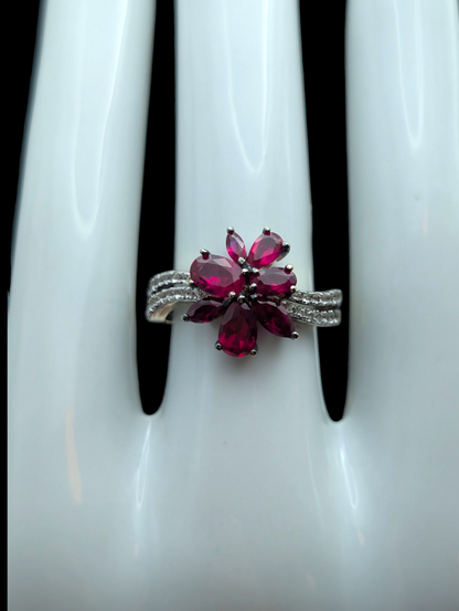 Vintage Flower Cluster Genuine Pink Ruby Sapphire and Topaz Accent 14k Gold Vermeil Ring