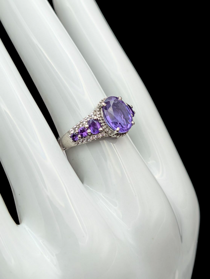 Vintage Graduating Genuine Grape Amethyst with White Zircon Halo Sterling Silver Statement Ring