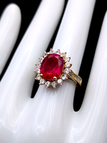 Vintage Oval Cut Genuine Ruby Solitaire with White Sapphire Halo 18k Gold Vermeil Statement Ring