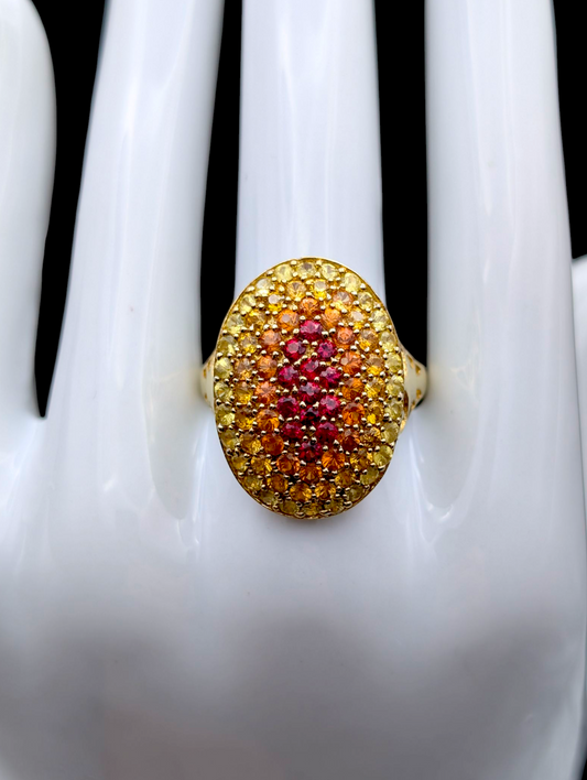 Vintage Inspired 18k Gold Vermeil Ombre Genuine Fancy Sapphire and Ruby Cluster Sterling Silver Ring