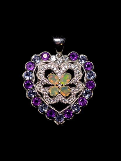 Vintage Butterfly and Heart Genuine Ethiopian Opal, Amethyst, Tanzanite and White Topaz Halo Sterling Silver Pendant