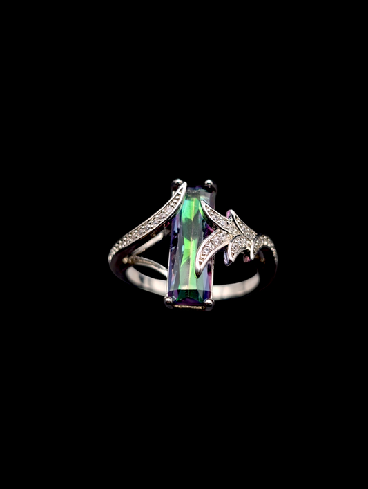 Vintage Simulated Mystic Topaz Baguette Cut and Simulated Diamonds Silver Costume Ring