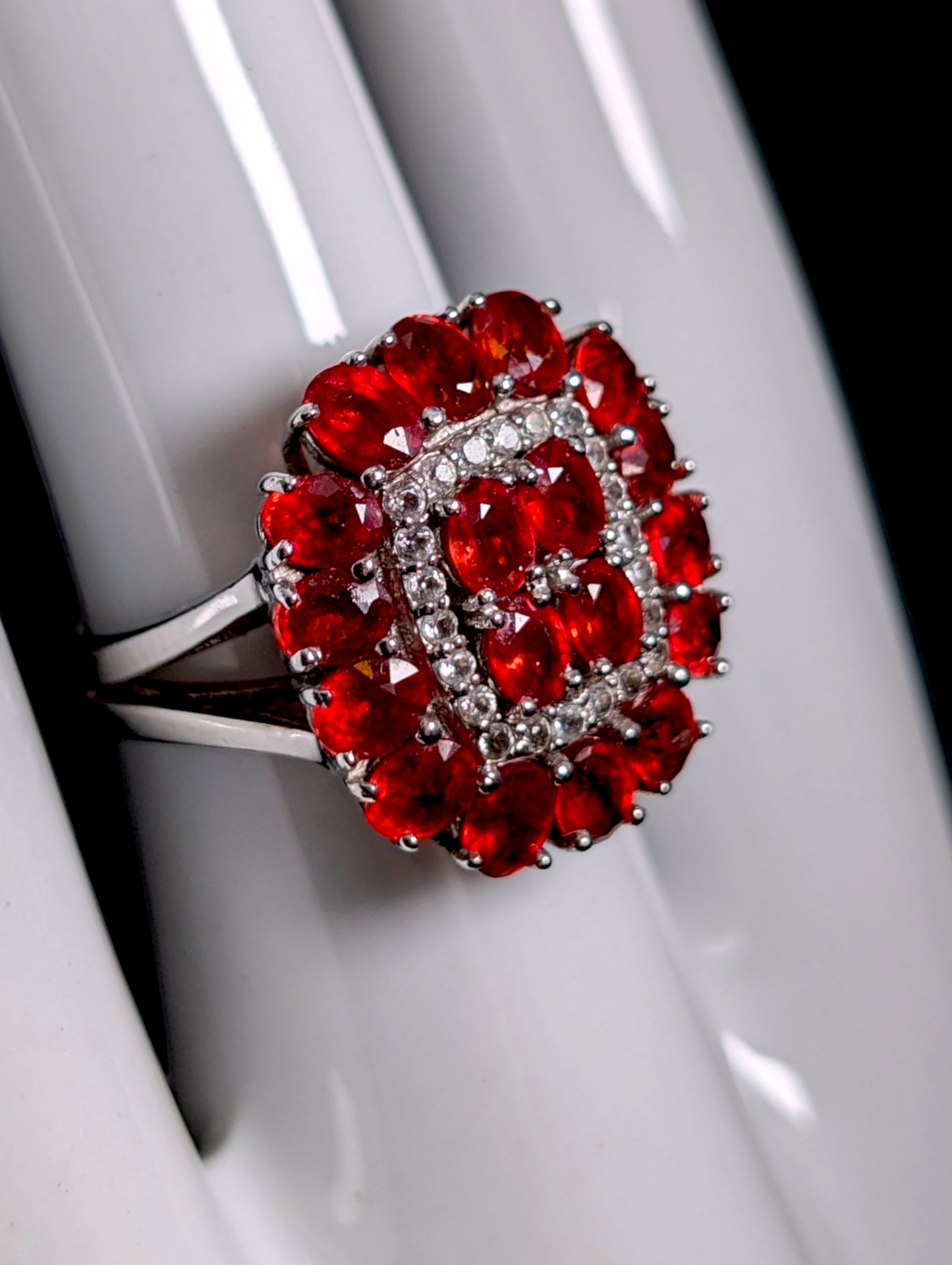 Vintage Art Deco Inspired Genuine Red Sanguine Sapphire and White Zircon Halo Sterling Silver Cluster Statement Ring