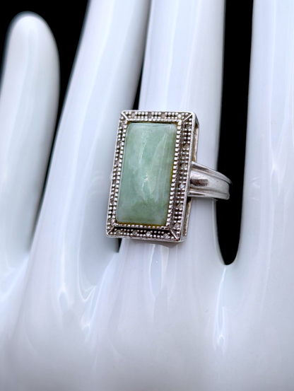 Vintage Earth Mined Rectangular Cut Genuine Jadeite and Diamond Accented Halo Sterling Silver Ring