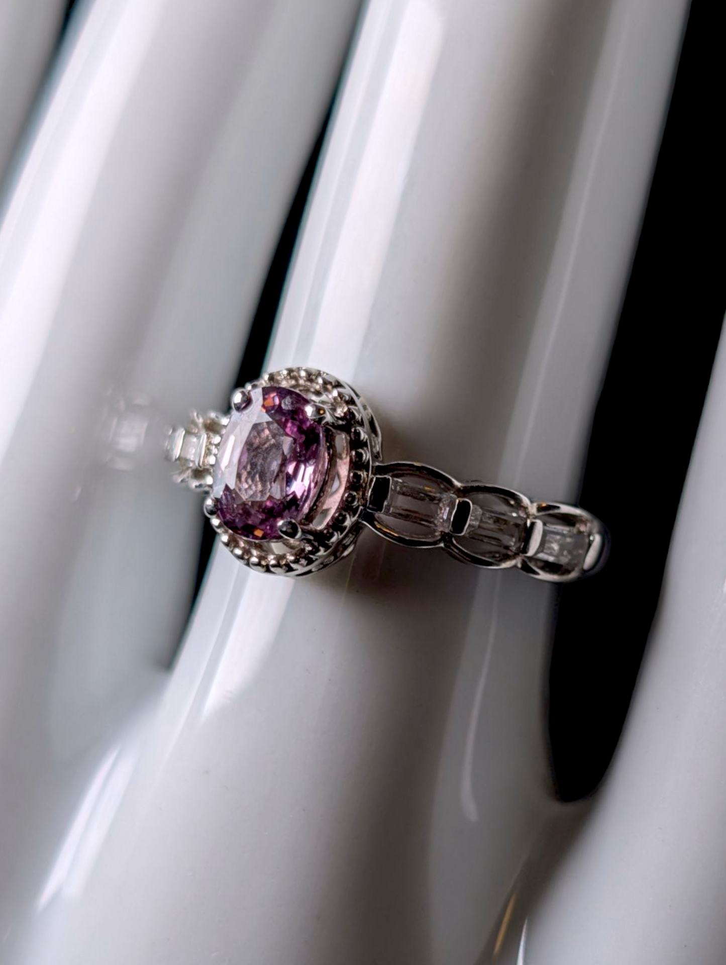 Vintage Elegant Oval Solitaire Genuine Pink Sapphire with White Topaz Accent Stones and Sterling Silver Studded Halo Ring