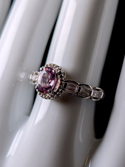 Vintage Elegant Oval Solitaire Genuine Pink Sapphire with White Topaz Accent Stones and Sterling Silver Studded Halo Ring