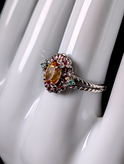 Vintage Oval Cut Genuine Citrine Solitaire with Pink Tourmaline Halo and Emerald Accents Sterling Silver Ring