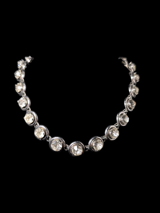 Antique 1920s Crystal Rivière Collet Bezel Silver Plated Concealed Hook Clasp Necklace