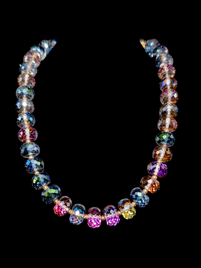 Vintage Aurora Borealis Faceted Chunky Light Catching and Gold Toned Bead Necklace