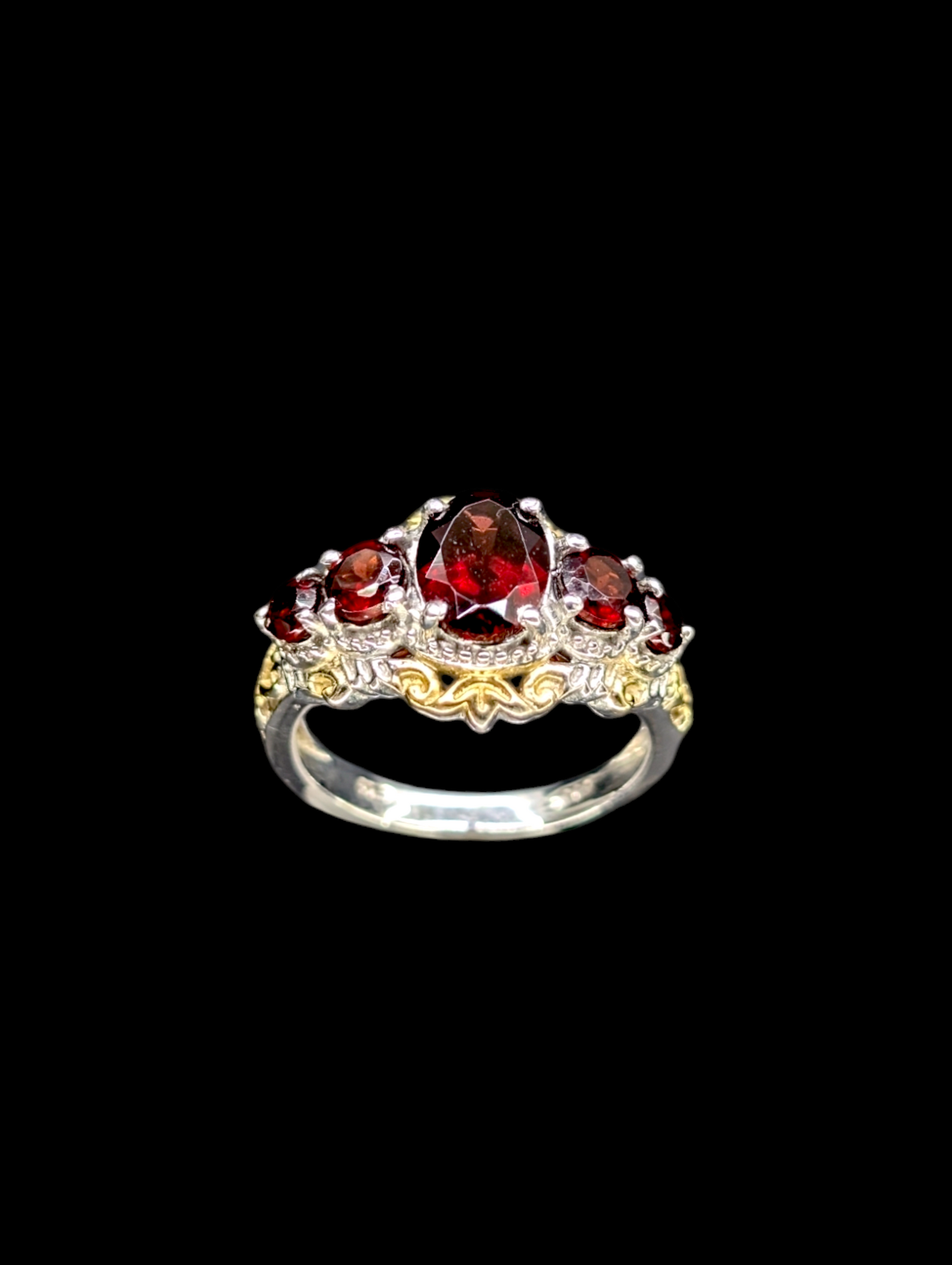 Vintage Graduating Genuine Garnet 14k Gold Plated Filigree Sterling Silver Ring