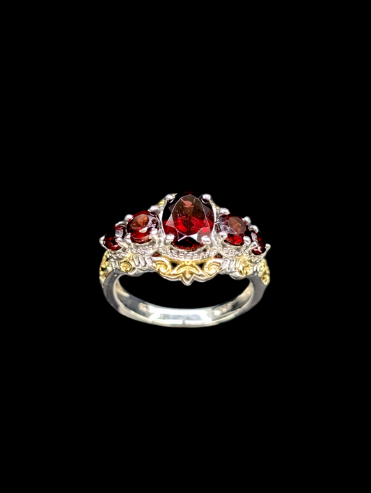 Vintage Graduating Genuine Garnet 14k Gold Plated Filigree Sterling Silver Ring