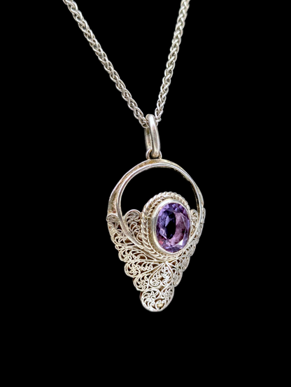 Vintage Victorian Inspired Genuine Amethyst Sterling Silver Filigree Pendant