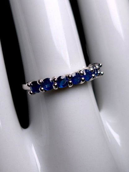 Vintage Round Cut Half Infinity Genuine Royal Blue Sapphire Rhodium Over Sterling Silver Ring Stackable Band