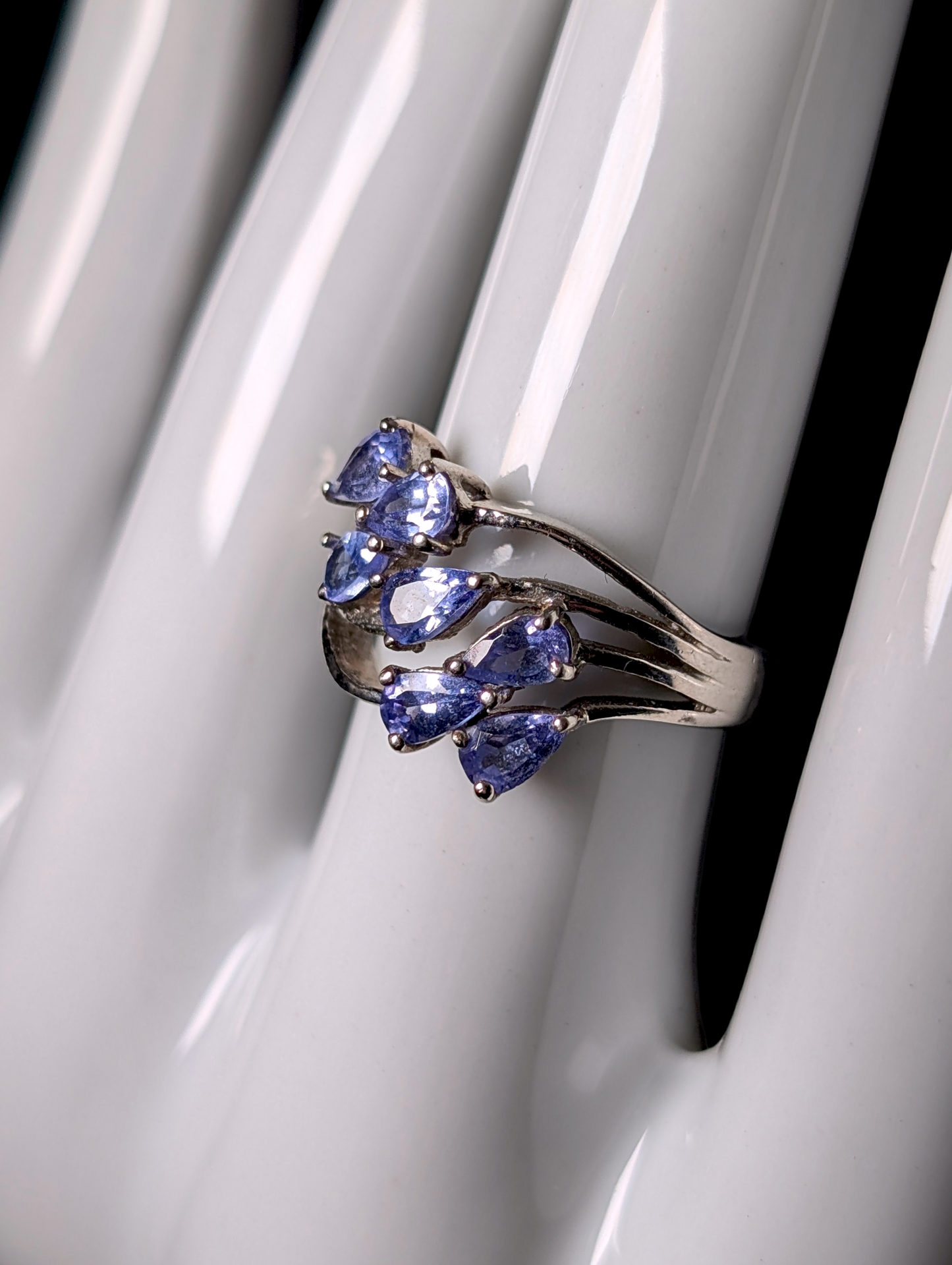 Vintage Waterfall Cluster Pear Cut Earth Mined Genuine Tanzanite Sterling Silver Ring