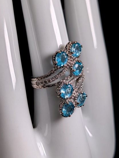 Vintage Six Stone Genuine Blue Apatite and White Zircon Sterling Silver Cocktail Ring