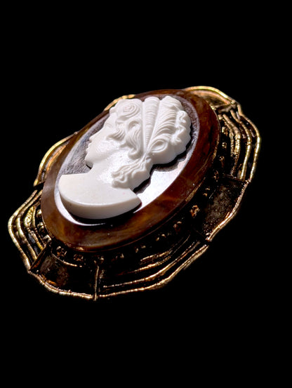 Vintage Tortoise Shell Brown and Alabaster White Bronze Toned Framed Cameo Costume Brooch