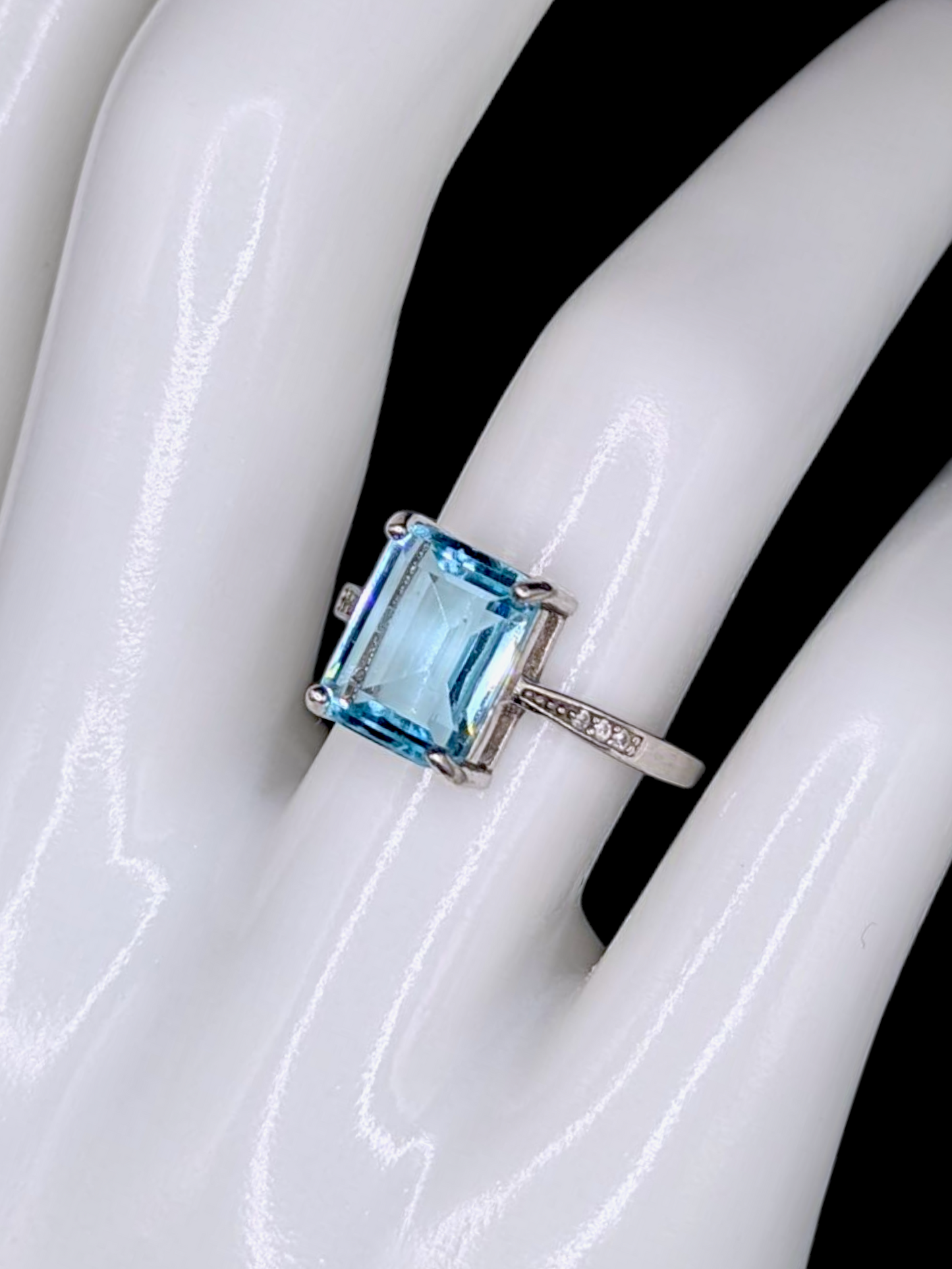 Vintage Emerald Cut Simulated Blue Topaz Solitaire Sterling Silver Ring