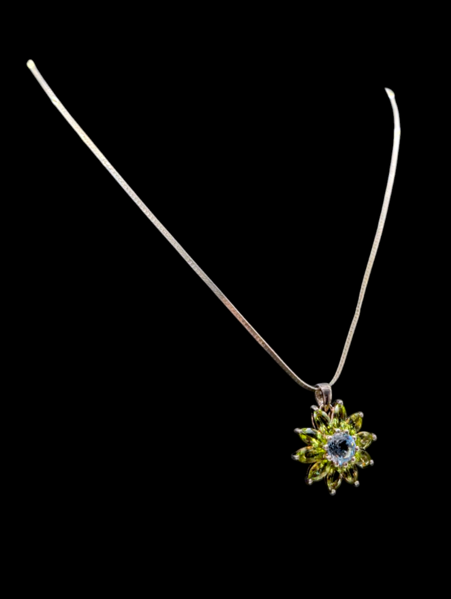 Vintage Genuine Peridot and Topaz Flower Pendant Herringbone Sterling Silver Necklace