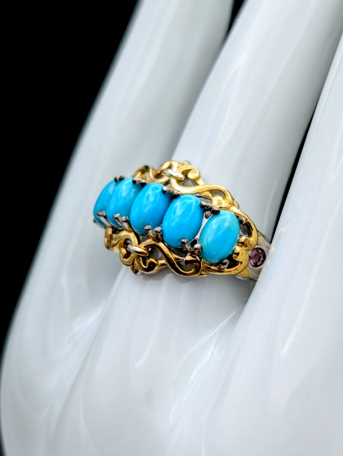 Vintage Oval Cut Genuine Sleeping Beauty Turquoise and Amethyst Accent 14k Gold and Sterling Silver Ring