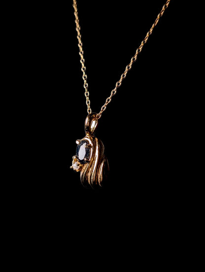 Vintage Oval Cut Genuine Midnight Blue Sapphire and Simulated Diamond 14k Yellow Gold over Sterling Pendant